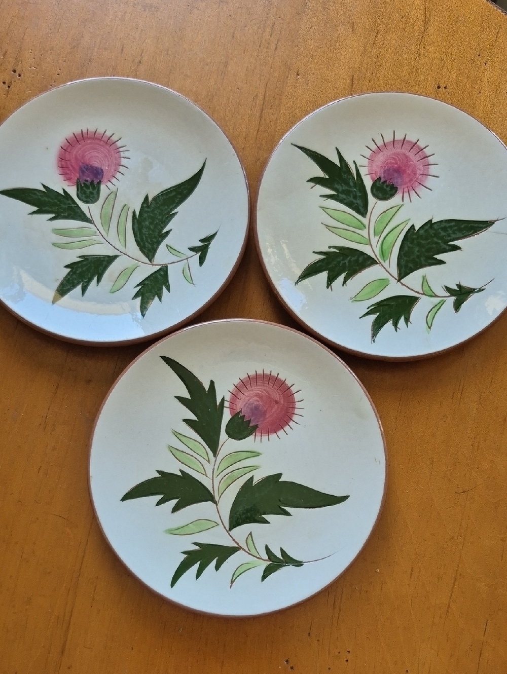 Stangl Hand-Painted Floral Bread/Dessert Plates - Pink Thistle Motif (Set of 3)